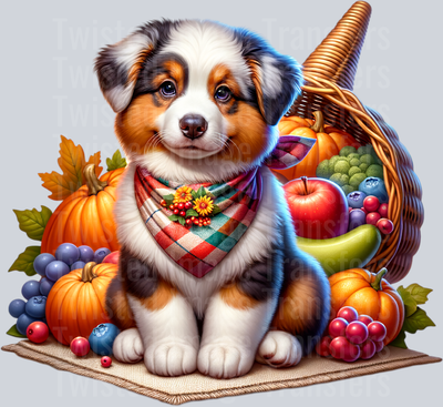 Pup in Plaid Bandana with Fruit Basket