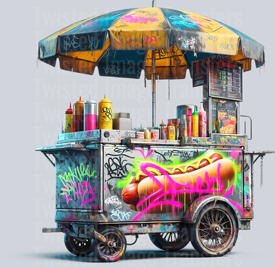 Color Drip Vendor Hot Dog Stand With Umbrella And Street Art_