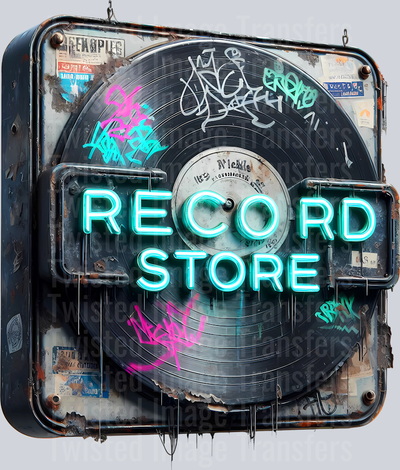 Color Drip Record Store Sign With Vinyl Player_