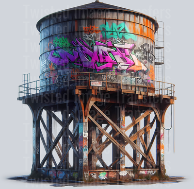 Color Drip Rooftop Water Tower With Graffiti_