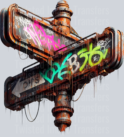 Color Drip Rusted Retro Street Sign With Graffiti_