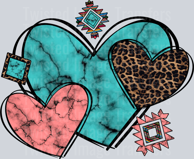 Trio Of Hearts In Turquoise Pink And Animal Print – Twisted Image Transfers