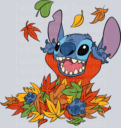 Stitch Playing in Colorful Leaves