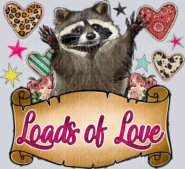 Loads Of Love Raccoon Wrapped In Banner With Print Filled Hearts ...