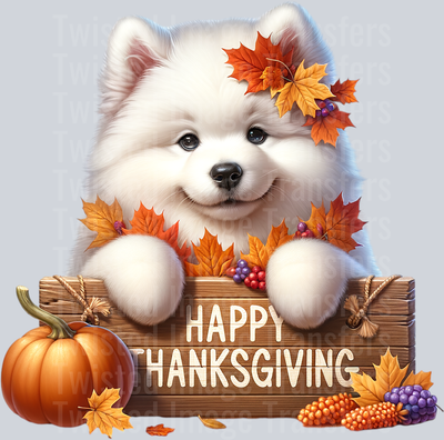 White Pup Happy Thanksgiving Fall