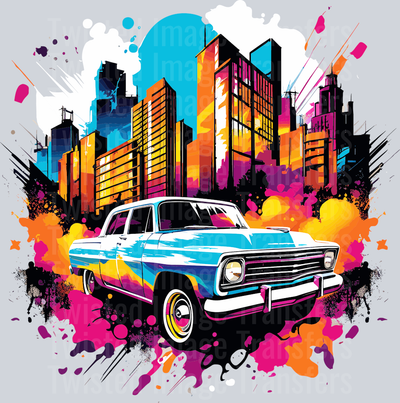 Car and Tall Buildings Color Drip
