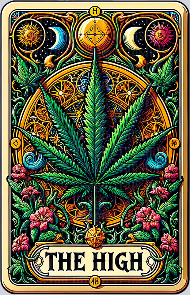 The High Tarot Card  With Marijuana Leaf In Green And Gold 420