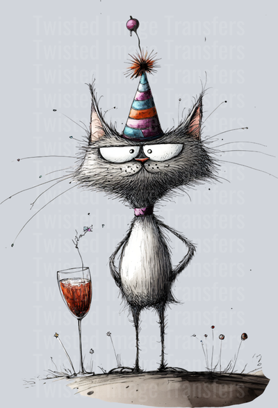 Quirky Cat Black And  White With Party Hat And Red Wine 1