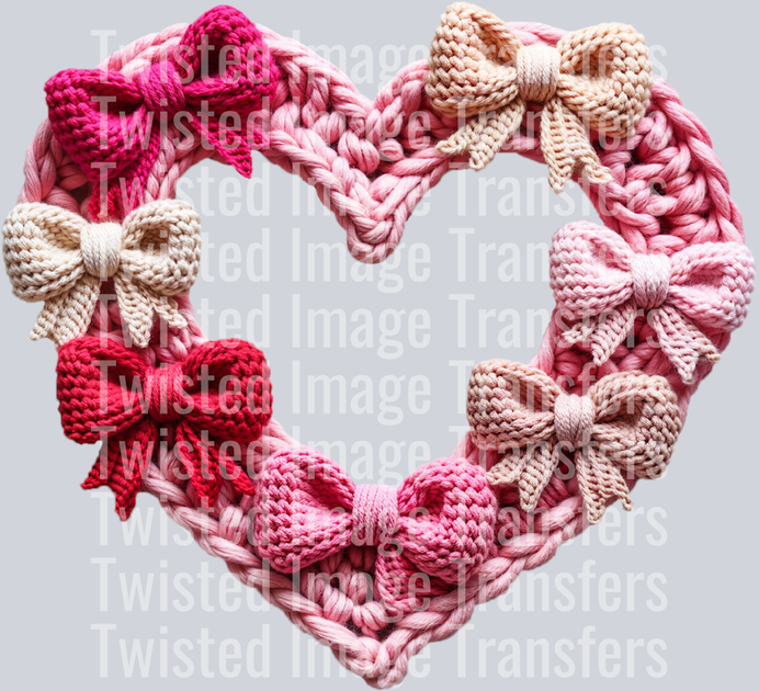 Heart & Bows Faux Crochet in Pink DTF (direct-to-film) Transfer ...