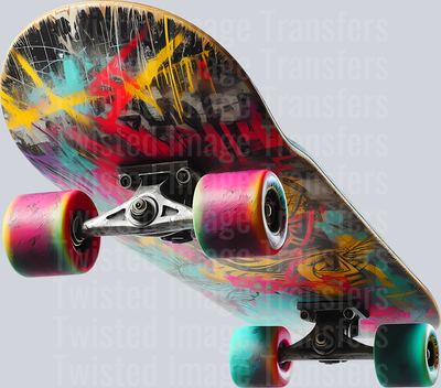 Color Drip Skateboard Bottom With Pink Wheels And Graffiti